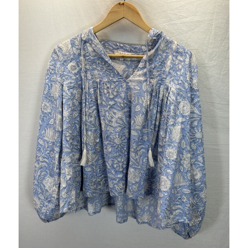 Marea Women's Blue White Blockprint Floral V-Neck Tie Tassel Balloon sleeve SM